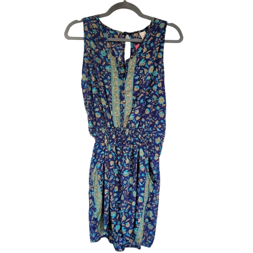 RAGA Sapphire Blue Floral Boho Romper M NWT Sleeveless Festival Resort Pockets